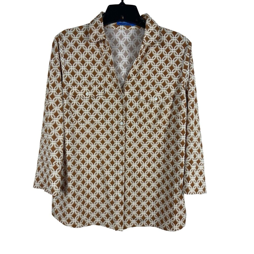 J. McLaughlin Women’s Brown Tan Geometric Print Button Front Stretch Top L